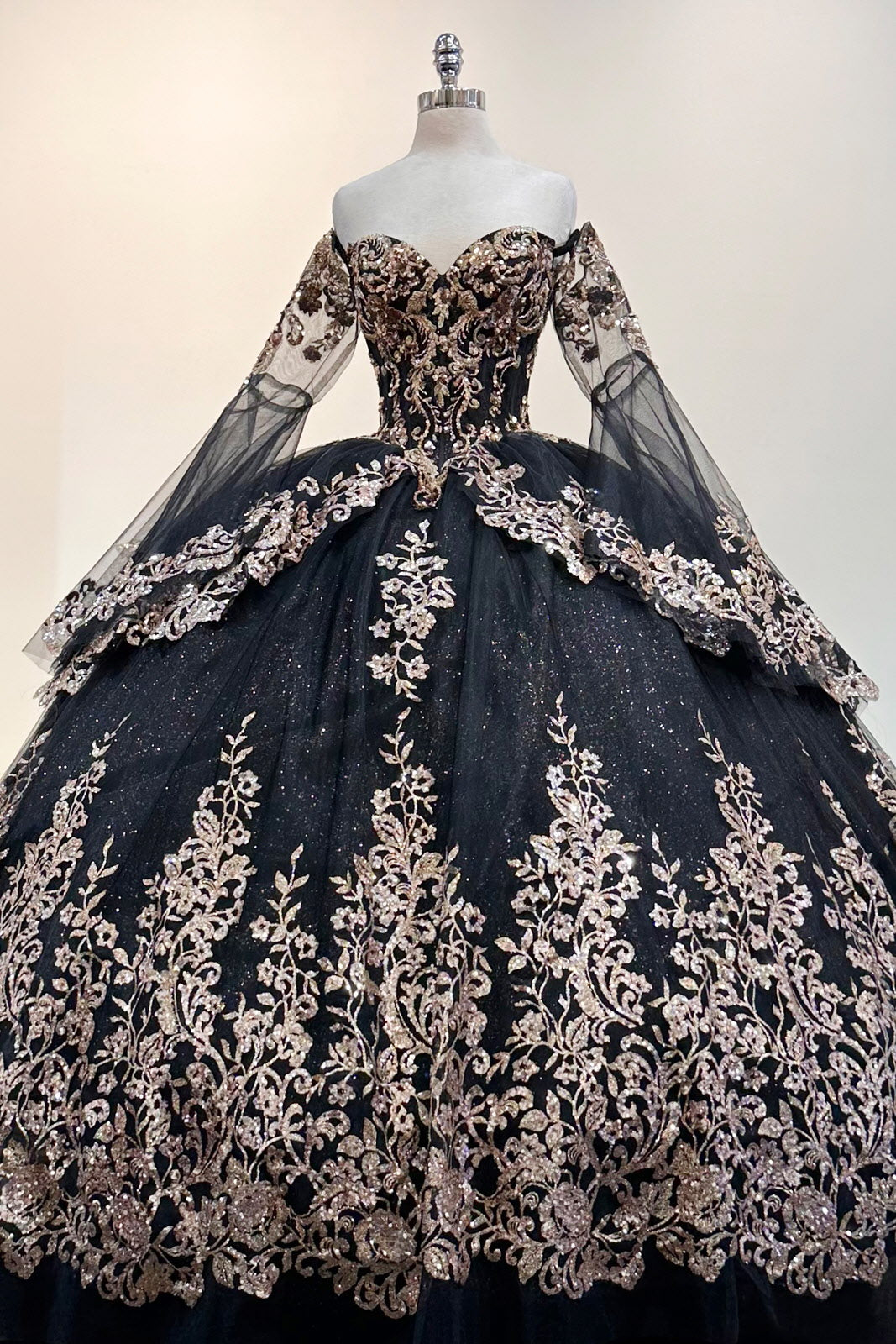 Gold Sequin Off Shoulder Mesh w/ Detachable Long Sleeves Long Quinceanera Dress GLGL3184-QUINCEANERA-smcfashion.com