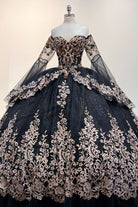 Gold Sequin Off Shoulder Mesh w/ Detachable Long Sleeves Long Quinceanera Dress GLGL3184-QUINCEANERA-smcfashion.com