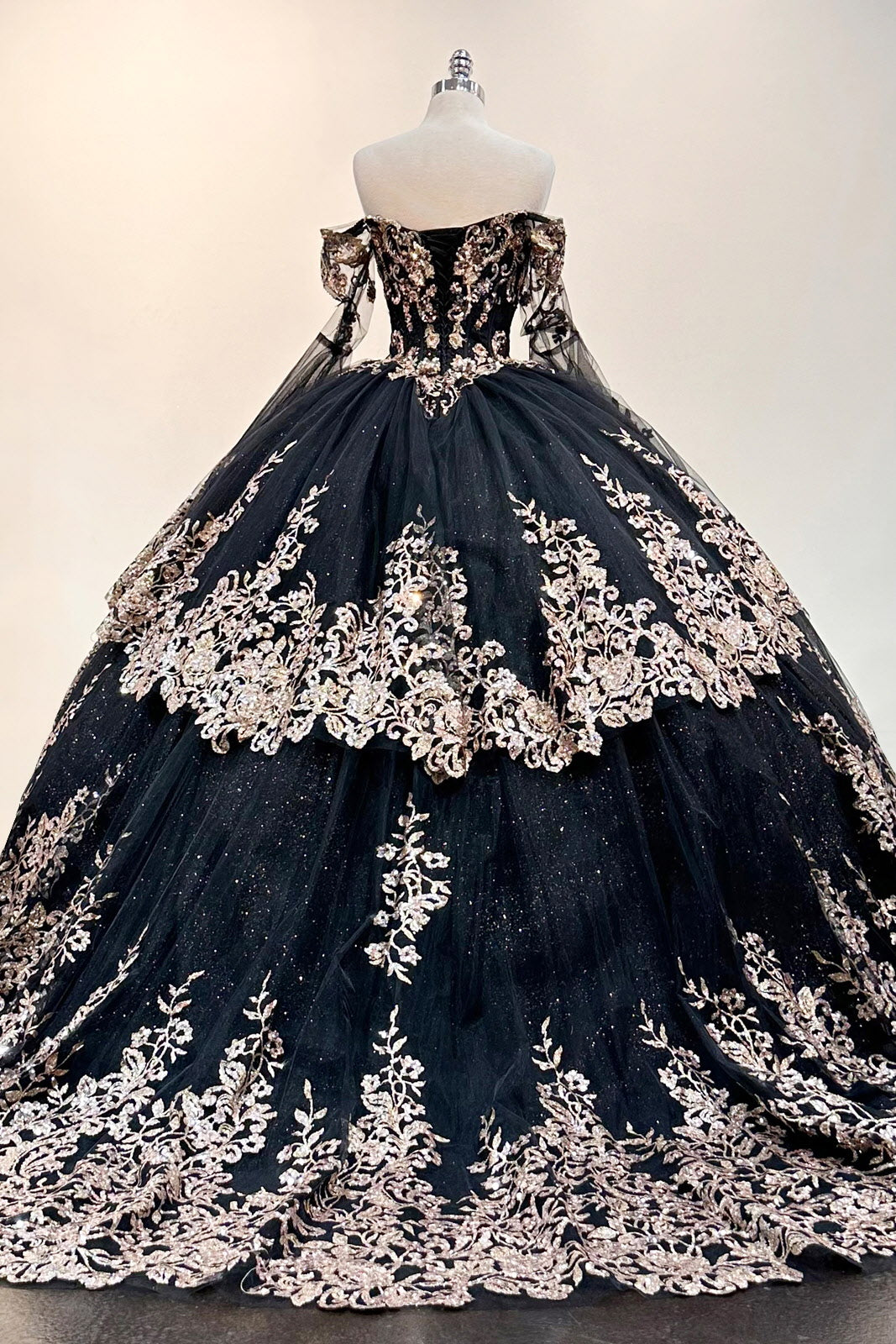 Gold Sequin Off Shoulder Mesh w/ Detachable Long Sleeves Long Quinceanera Dress GLGL3184-QUINCEANERA-smcfashion.com