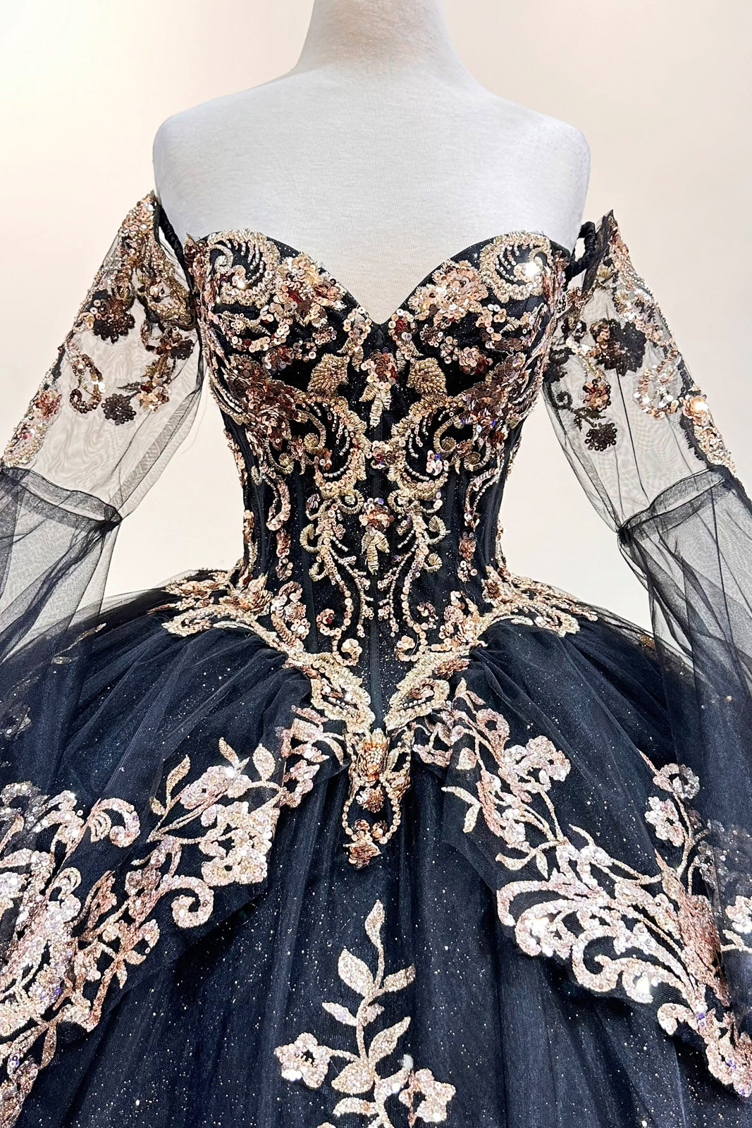 Gold Sequin Off Shoulder Mesh w/ Detachable Long Sleeves Long Quinceanera Dress GLGL3184-QUINCEANERA-smcfashion.com