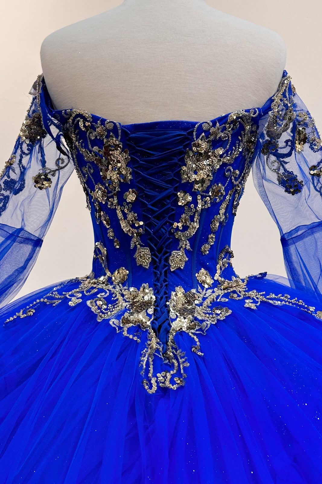 Gold Sequin Off Shoulder Mesh w/ Detachable Long Sleeves Long Quinceanera Dress GLGL3184-QUINCEANERA-smcfashion.com