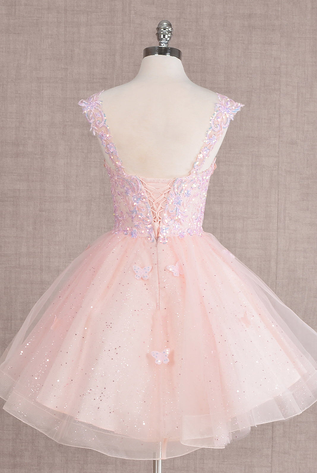 Butterfly Applique Sequin Mesh Babydoll w/ Sheer Straps Short Homecoming Dress GLGS3186-HOMECOMING-smcfashion.com
