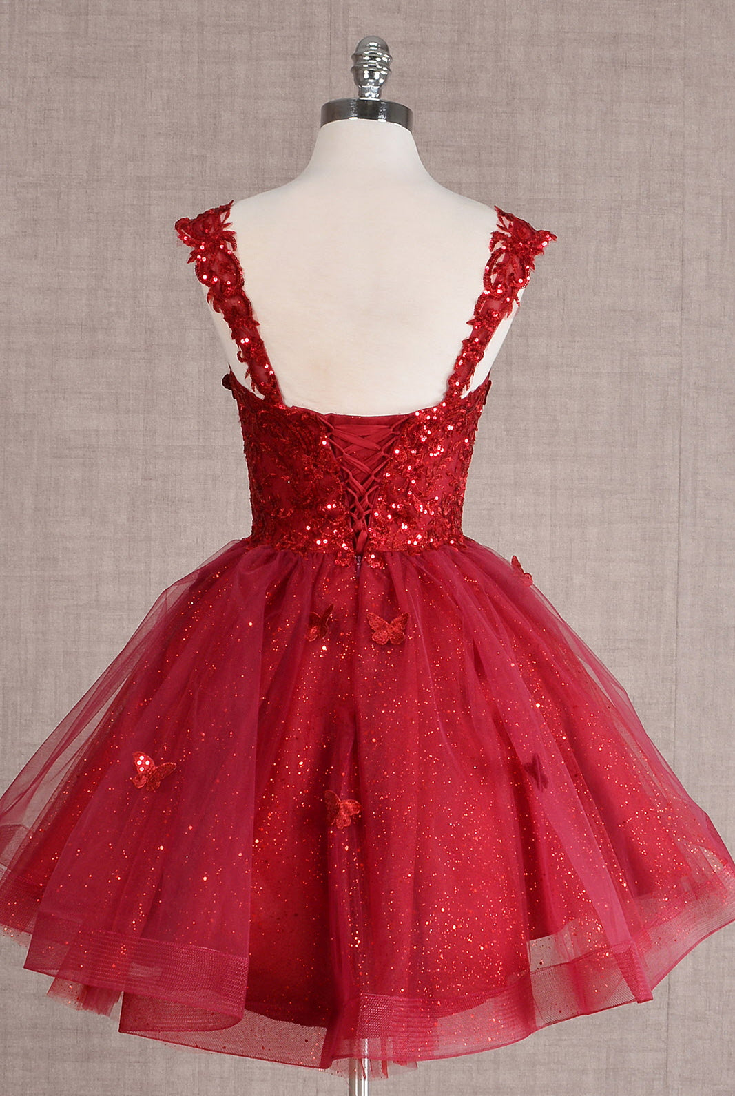 Butterfly Applique Sequin Mesh Babydoll w/ Sheer Straps Short Homecoming Dress GLGS3186-HOMECOMING-smcfashion.com