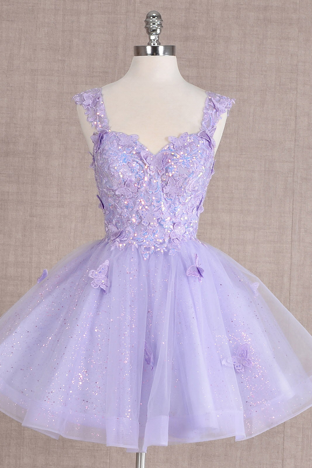 Butterfly Applique Sequin Mesh Babydoll w/ Sheer Straps Short Homecoming Dress GLGS3186-HOMECOMING-smcfashion.com
