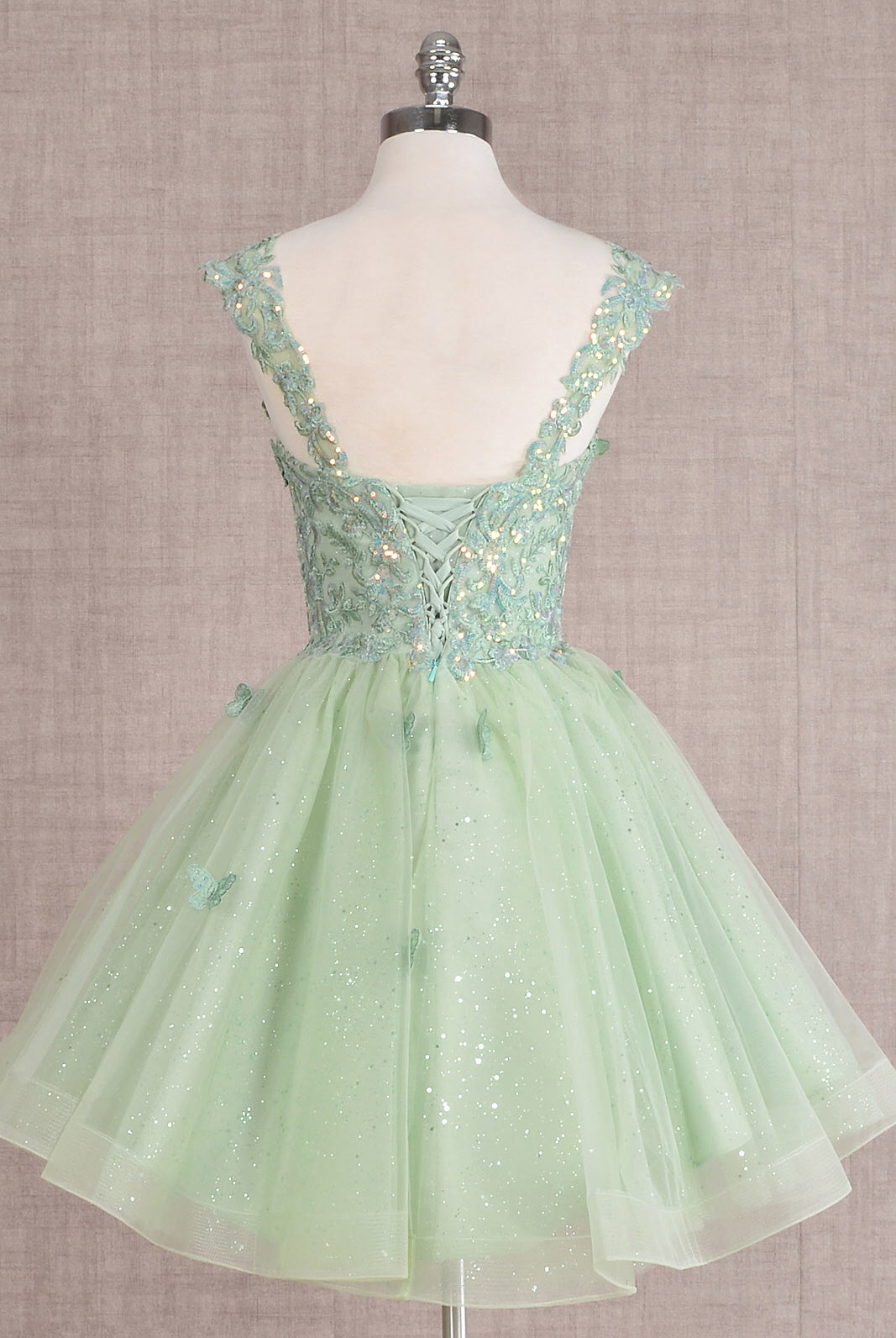 Butterfly Applique Sequin Mesh Babydoll w/ Sheer Straps Short Homecoming Dress GLGS3186-HOMECOMING-smcfashion.com