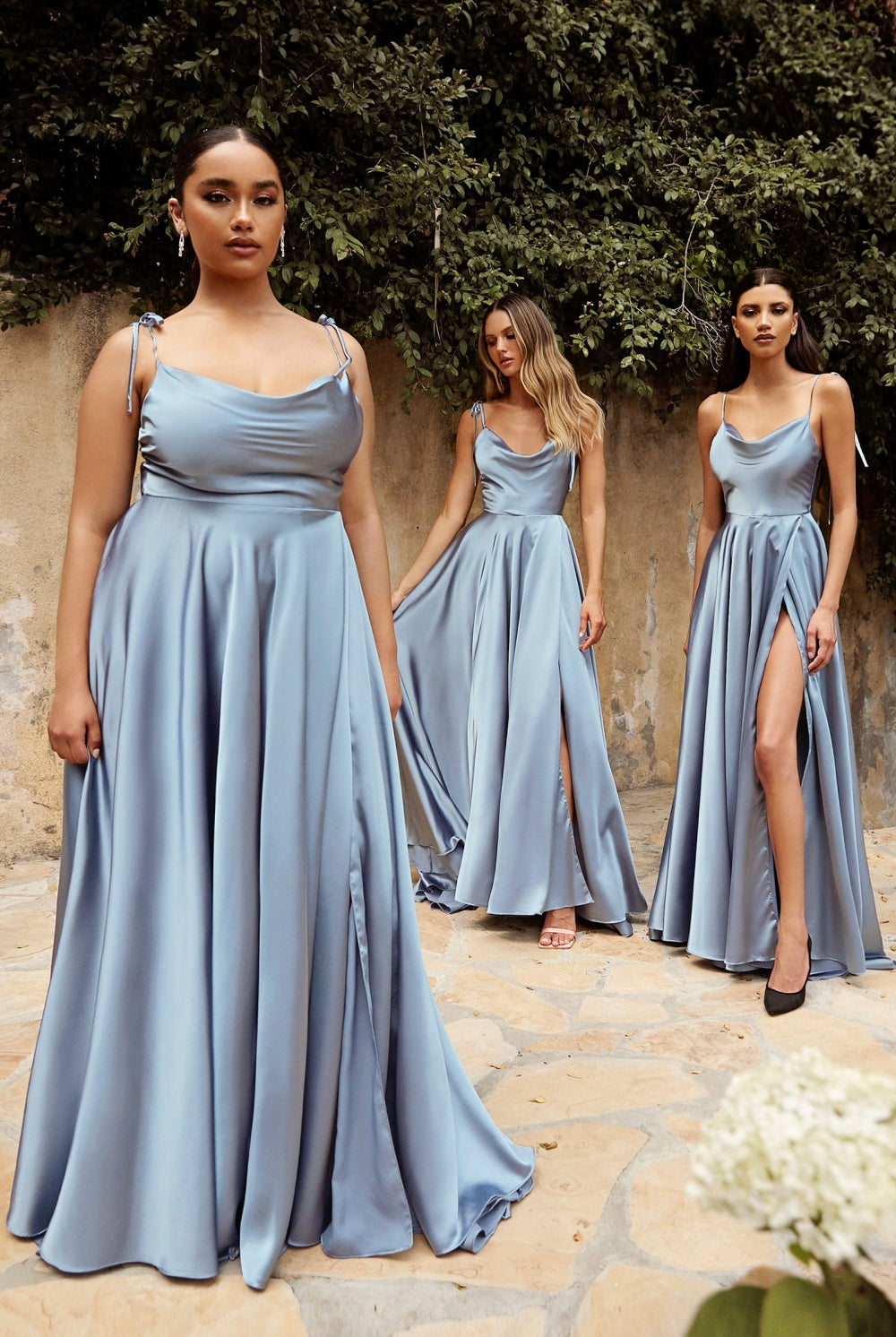 Satin A-Line Cowl Neck Spaghetti Strap Bodice Sexy High Leg Slit Elegant Prom & Bridesmaid Dress CDBD104-Bridesmaid Dress-smcfashion.com