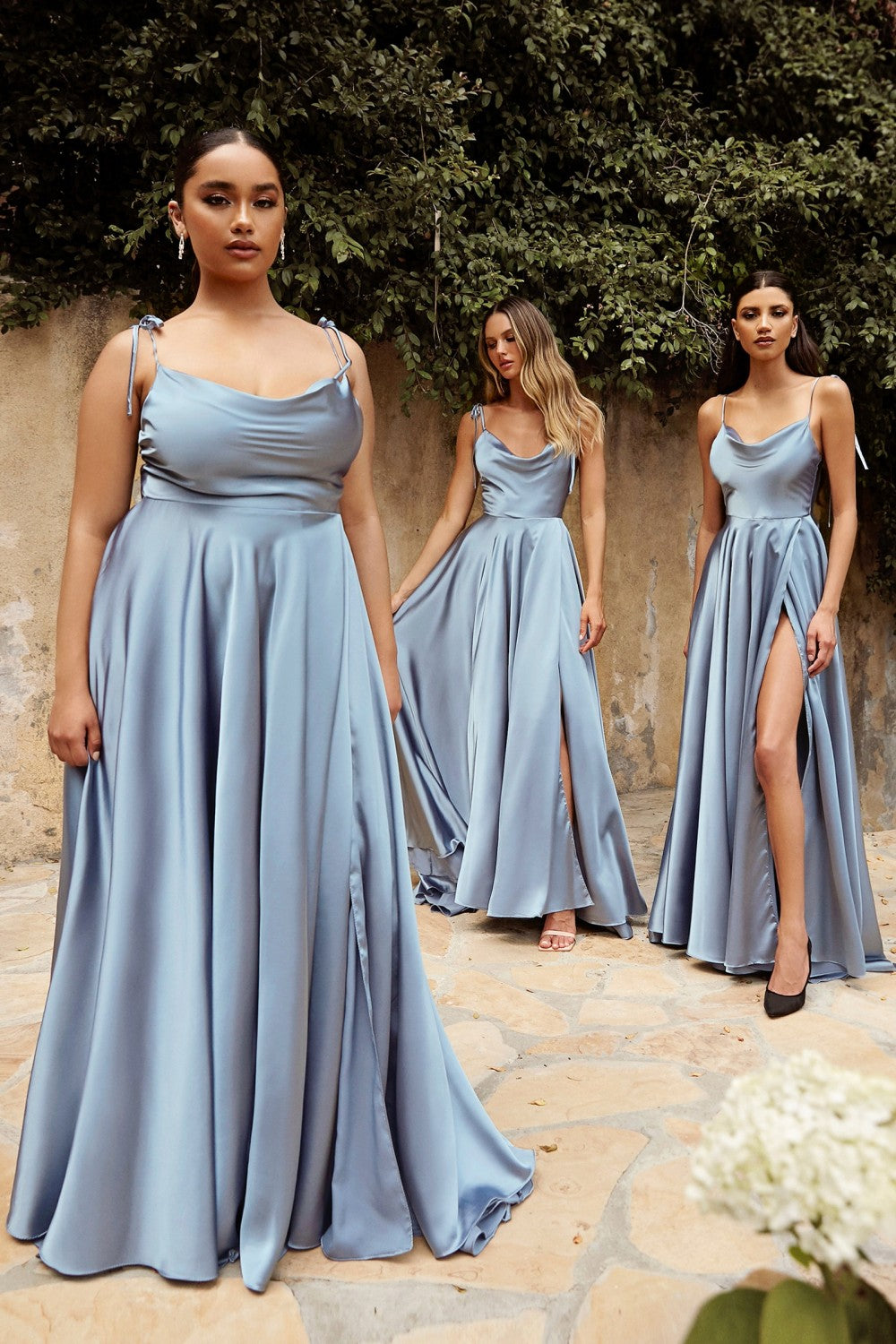 Satin A-Line Cowl Neck Spaghetti Strap Bodice Sexy High Leg Slit Elegant Prom & Bridesmaid Dress CDBD104-Bridesmaid Dress-smcfashion.com