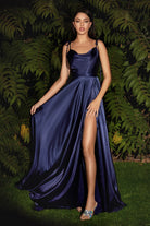 Satin A-Line Cowl Neck Spaghetti Strap Bodice Sexy High Leg Slit Elegant Prom & Bridesmaid Dress CDBD104-Bridesmaid Dress-smcfashion.com