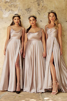 Satin A-Line Cowl Neck Spaghetti Strap Bodice Sexy High Leg Slit Elegant Prom & Bridesmaid Dress CDBD104-Bridesmaid Dress-smcfashion.com