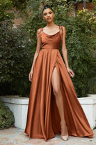 Satin A-Line Cowl Neck Spaghetti Strap Bodice Sexy High Leg Slit Elegant Prom & Bridesmaid Dress CDBD104-Bridesmaid Dress-smcfashion.com