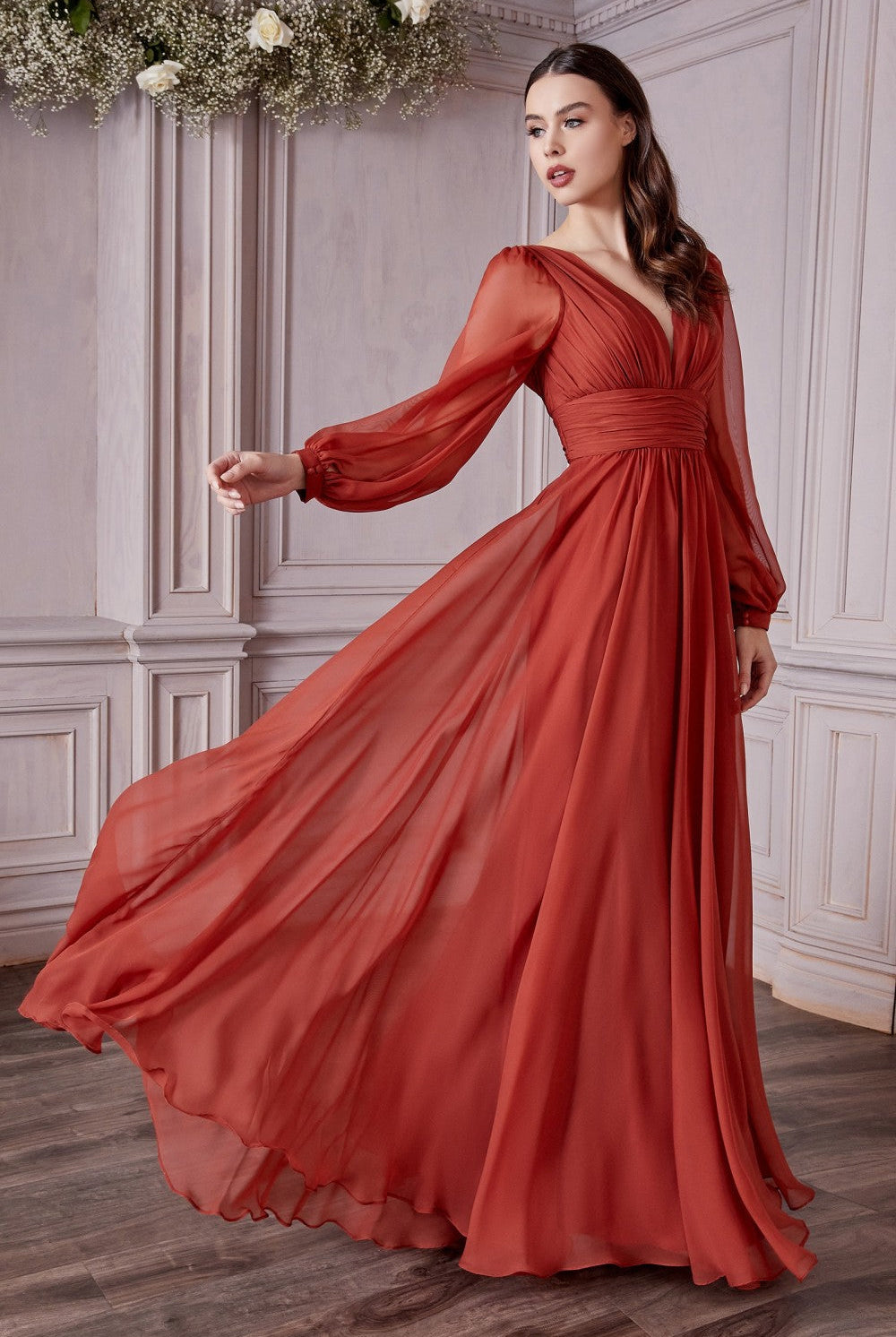 Long Sleeve Chiffon Prom & Ball Dress Modest Gown Gathered Fitted Bodice Sensual Open Back A-line Silhouette CDCD0192 Sale-Prom Dress-smcfashion.com