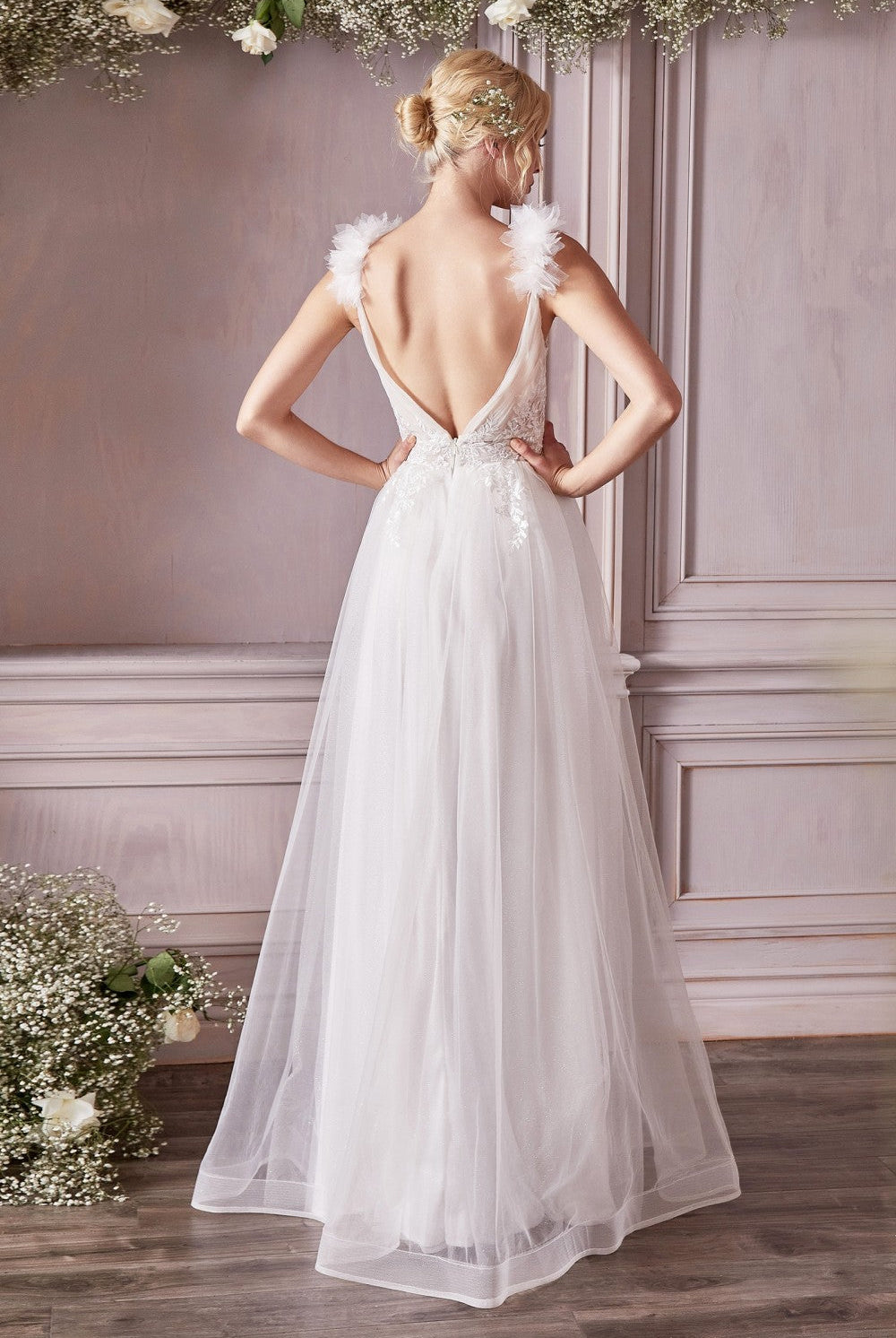 Bridal A-line Classic Gown Floral Appliqué Waistline Sensual V-neckline Backless Bodice Vintage Wedding Modern Bride CDCD971W Sale-Wedding Dresses-smcfashion.com
