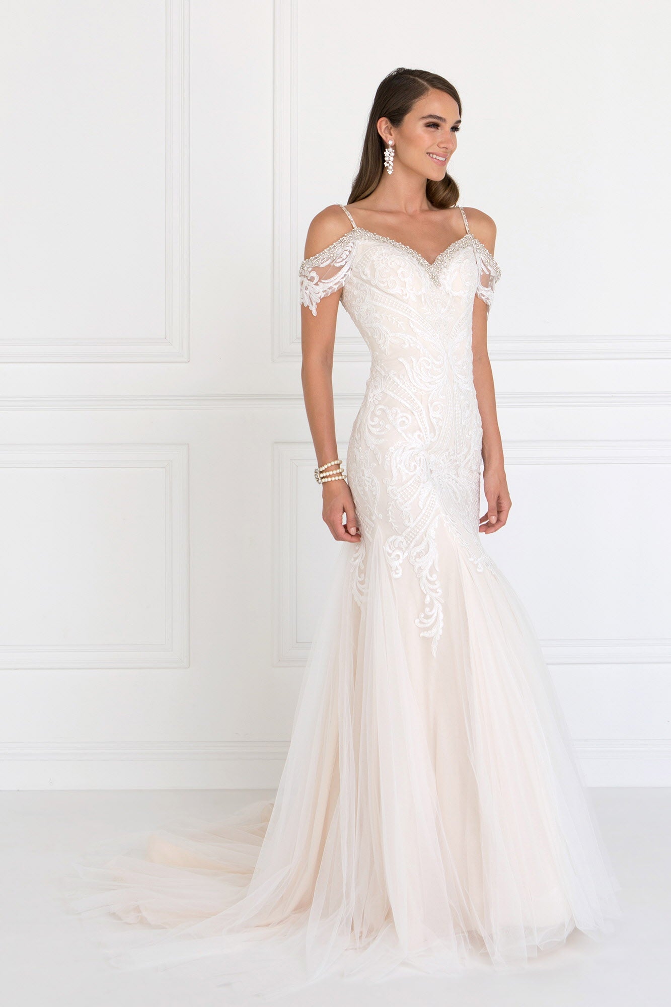 Tulle Off-Shoulder Sweetheart Mermaid Long Dress with Lace Applique GLGL1513-WEDDING GOWNS-smcfashion.com