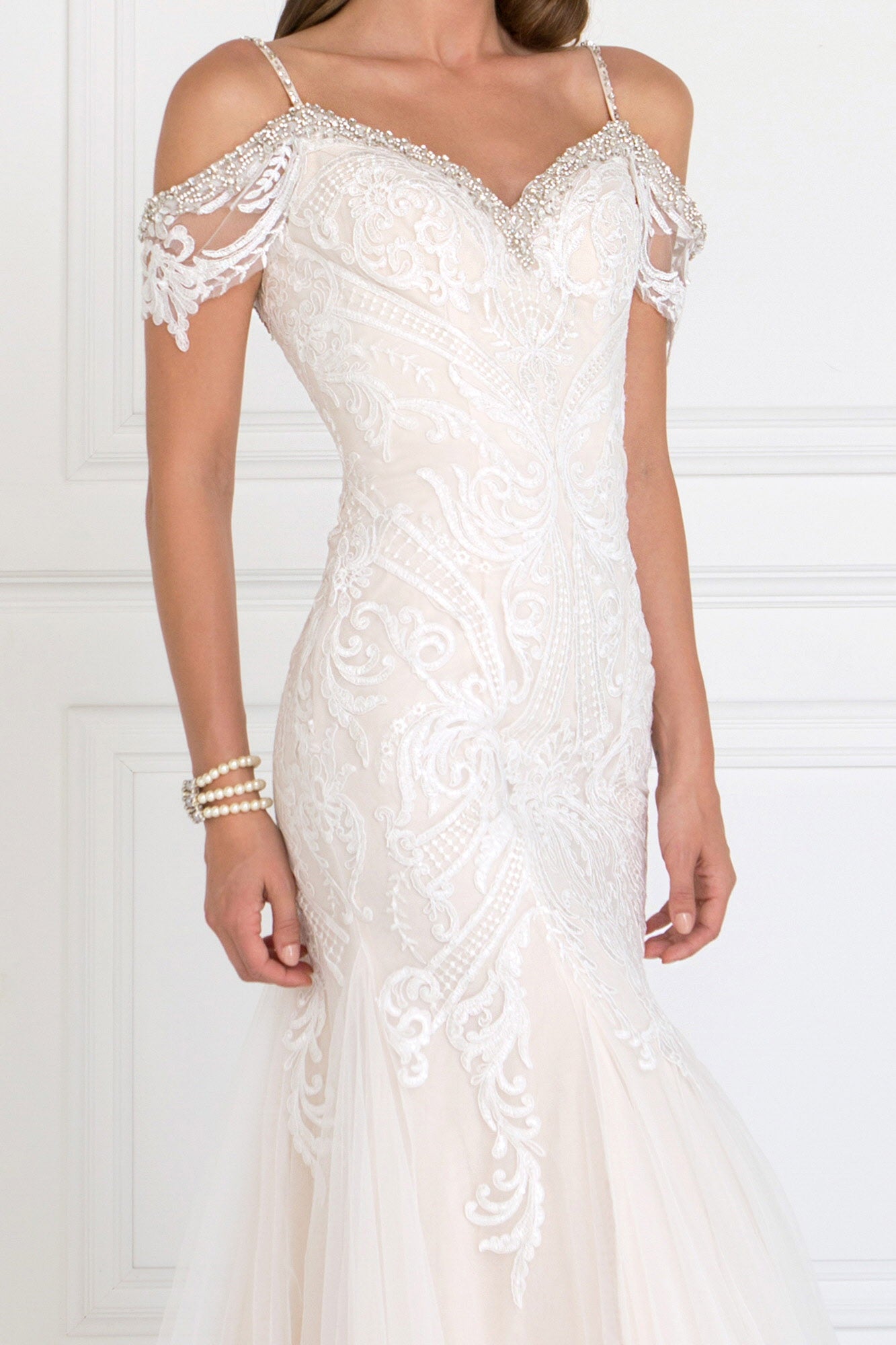 Tulle Off-Shoulder Sweetheart Mermaid Long Dress with Lace Applique GLGL1513-WEDDING GOWNS-smcfashion.com