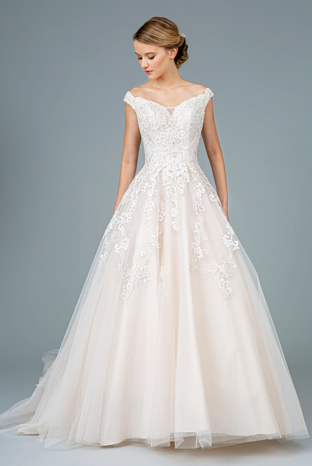 Embroidery Embellished Mesh A-Line Wedding Gown Tail GLGL1800-WEDDING GOWNS-smcfashion.com