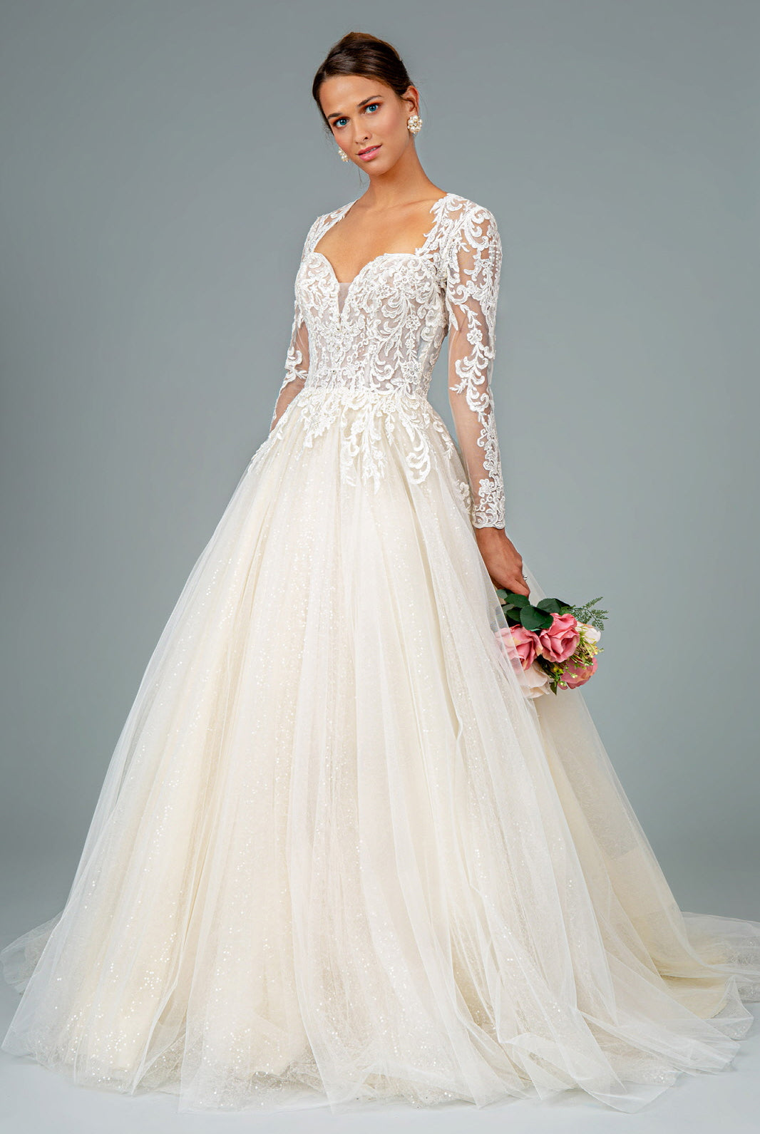 Illusion V-Neck Embroidered Mesh Wedding Gown Sequin Lining GLGL1804-WEDDING GOWNS-smcfashion.com