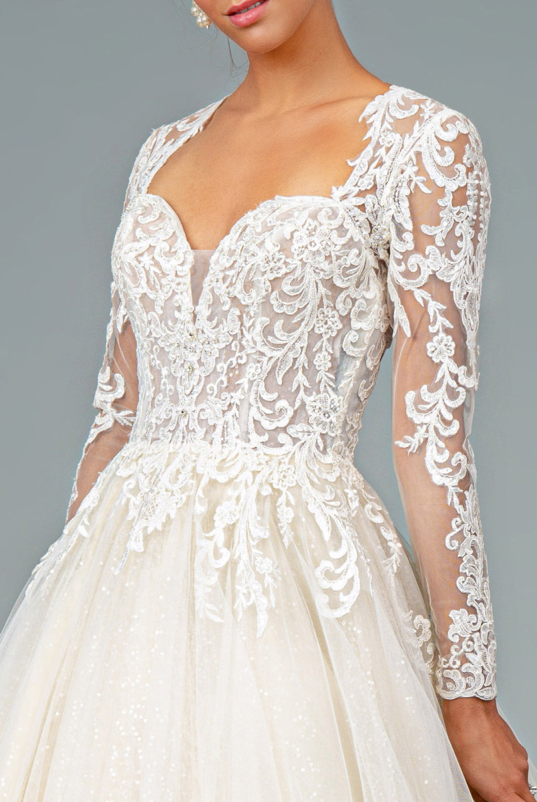 Illusion V-Neck Embroidered Mesh Wedding Gown Sequin Lining GLGL1804-WEDDING GOWNS-smcfashion.com