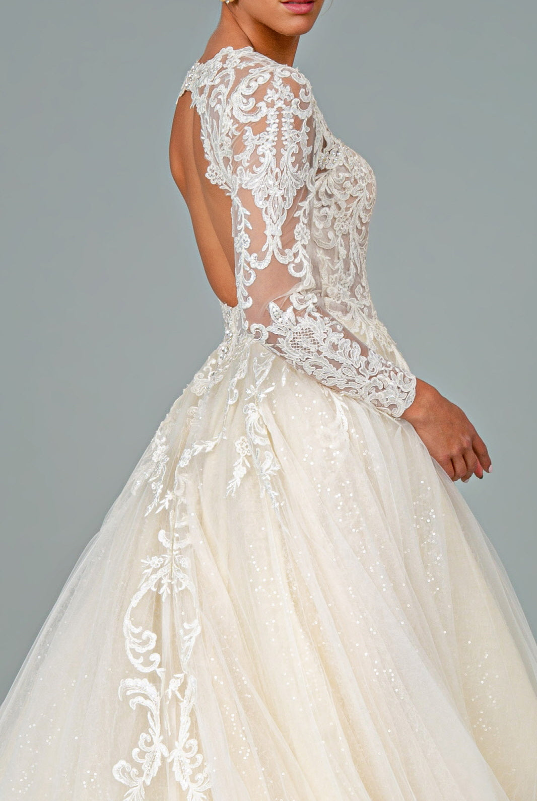 Illusion V-Neck Embroidered Mesh Wedding Gown Sequin Lining GLGL1804-WEDDING GOWNS-smcfashion.com