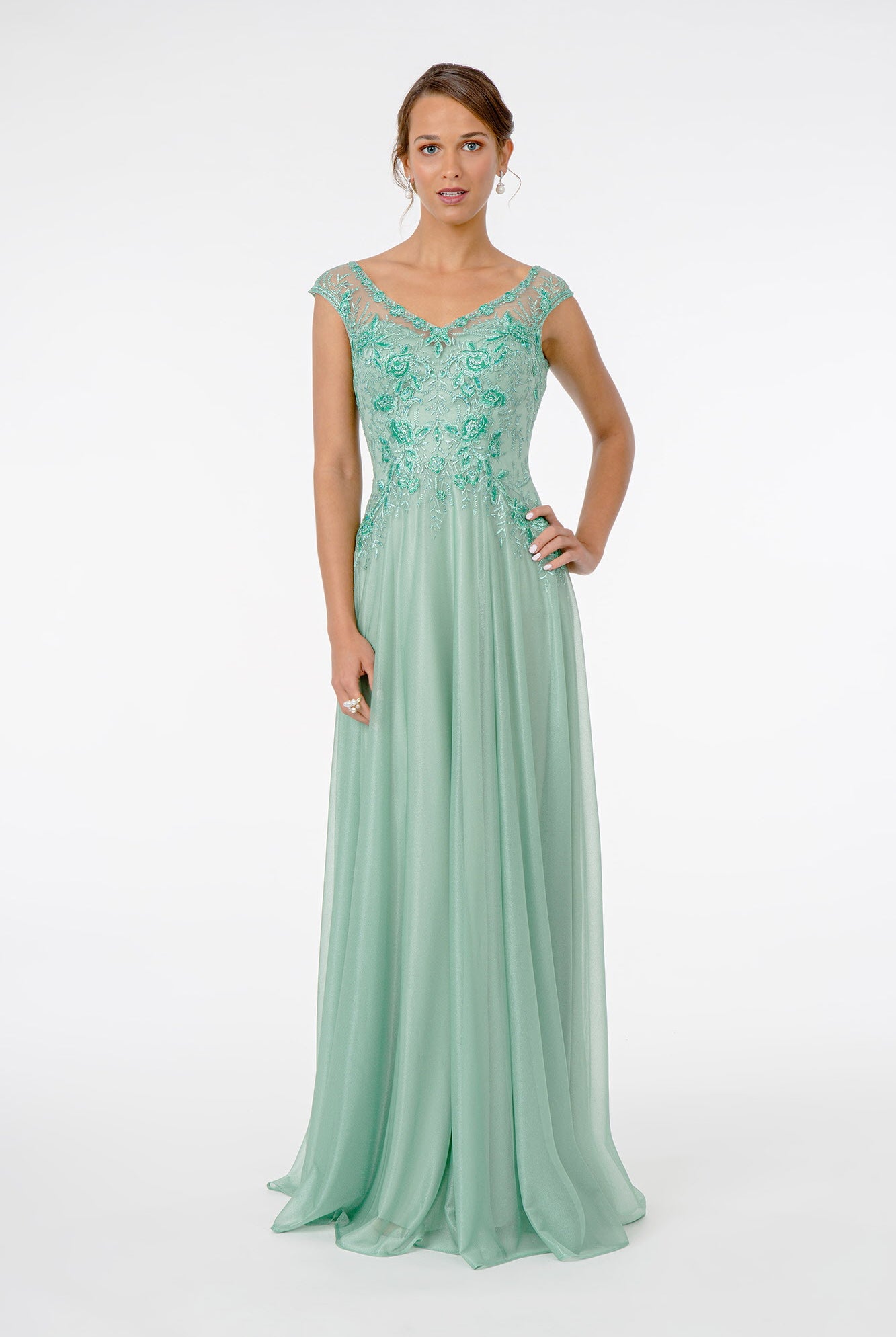 Embroidered Bodice V-Neck Long Dress V-Back GLGL1826-SPECIAL-smcfashion.com