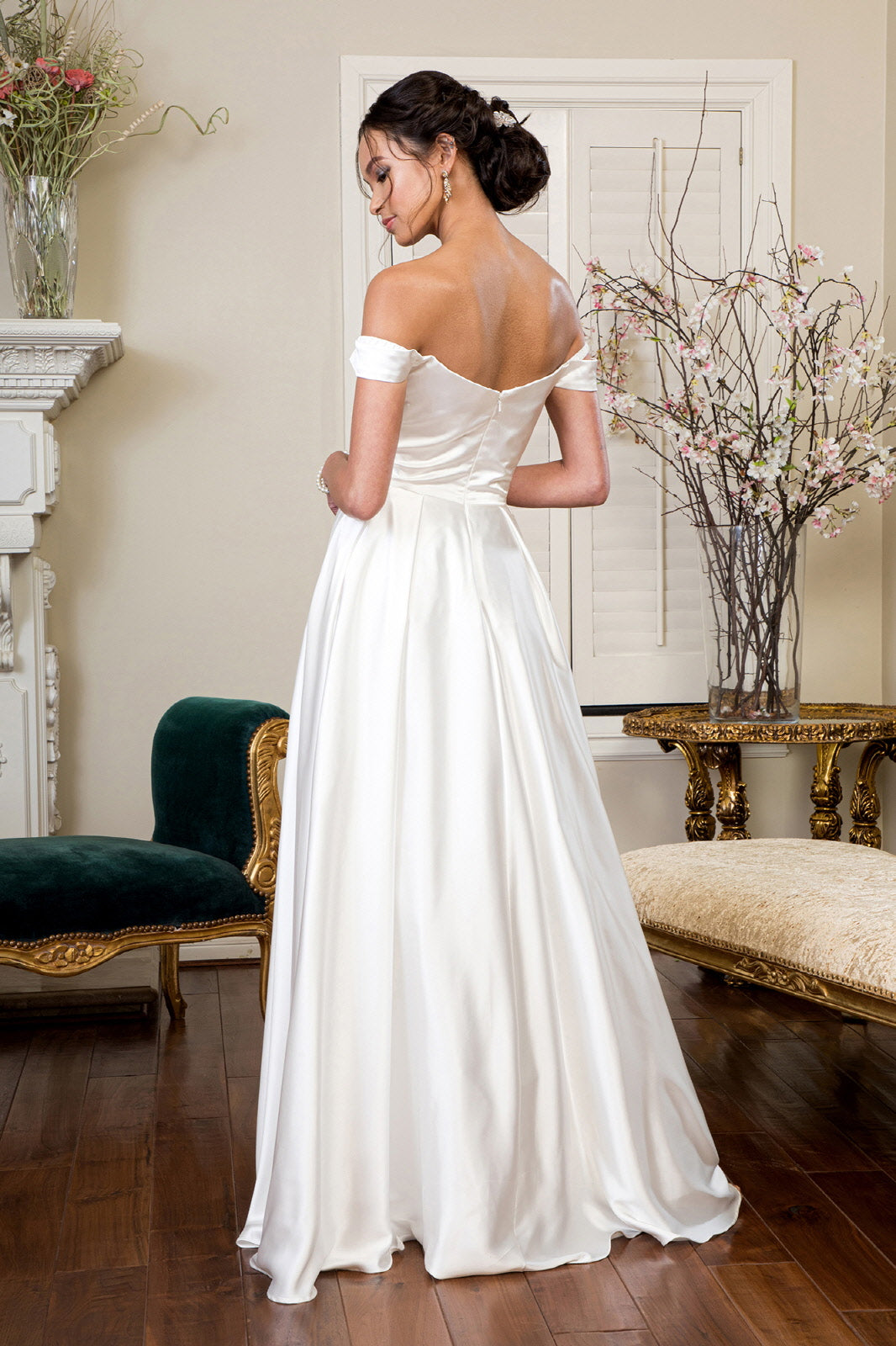 Pleated Waistline Sweethearted Cut-Away Shoulder Satin A-Line Dress - Mask Not Included GLGL1908-Wedding Dress-smcfashion.com