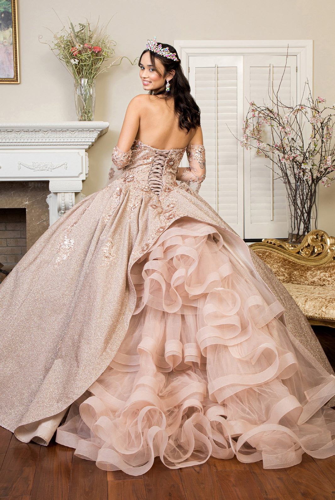 Sweethearted Ruffle Tail Quinceanera Dress Detached Mesh Sleeve - Mask Not Included GLGL1912-QUINCEANERA-smcfashion.com
