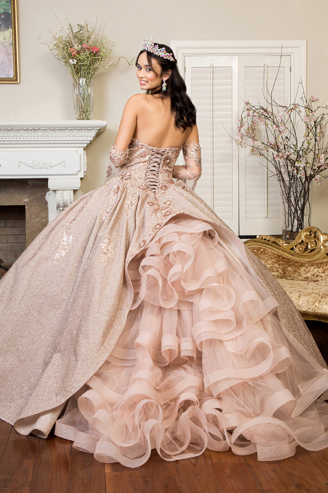Sweethearted Ruffle Tail Quinceanera Dress Detached Mesh Sleeve - Mask Not Included GLGL1912-QUINCEANERA-smcfashion.com