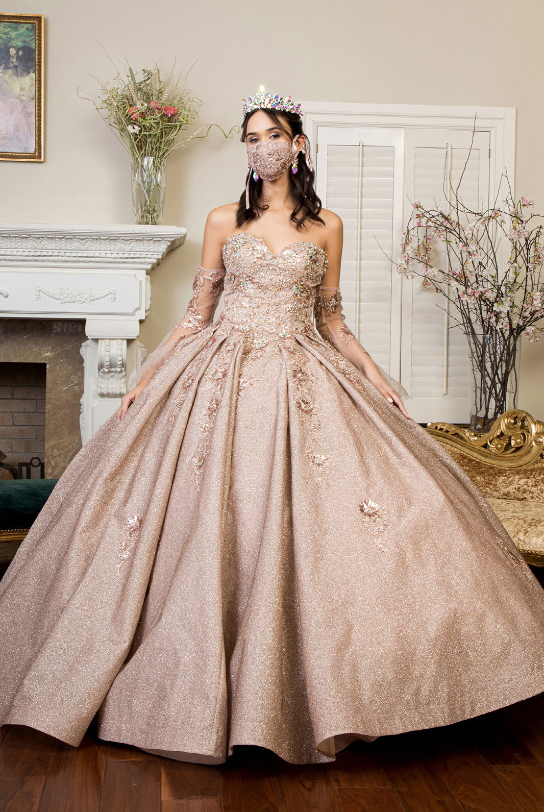 Sweethearted Ruffle Tail Quinceanera Dress Detached Mesh Sleeve - Mask Not Included GLGL1912-QUINCEANERA-smcfashion.com