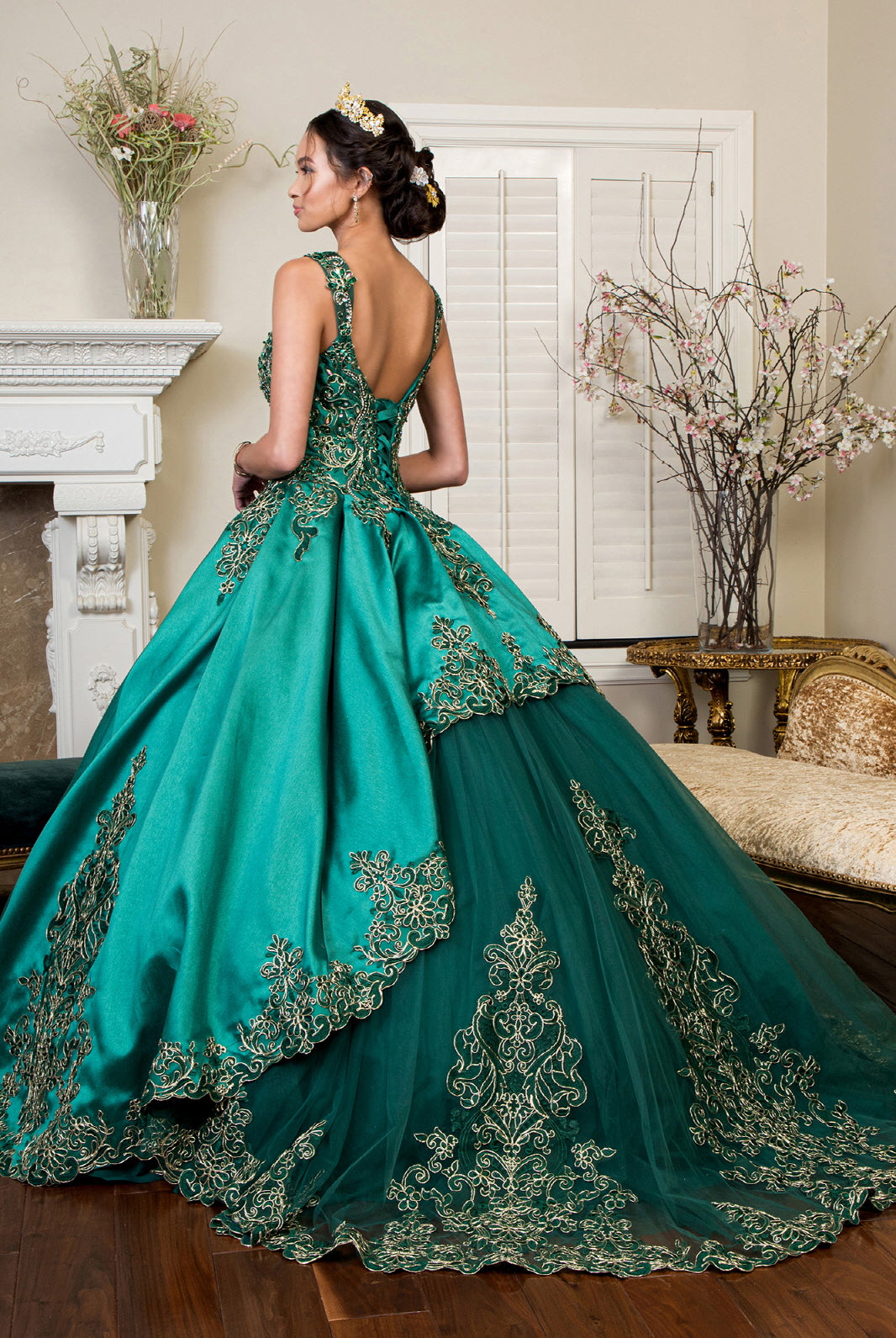 Embroidered Mesh Strap Satin Quinceanera Dress Mesh Tail - Mask Not Included GLGL1930-QUINCEANERA-smcfashion.com