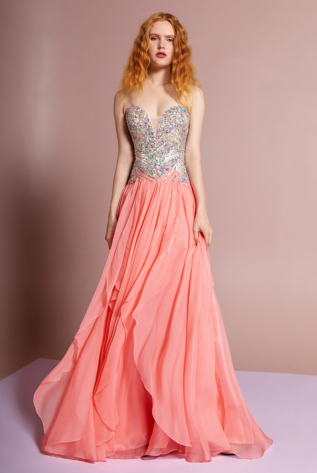 Strapless Sweetheart Chiffon Long Dress with Sequin Embellished Bodice GLGL2092-PROM-smcfashion.com