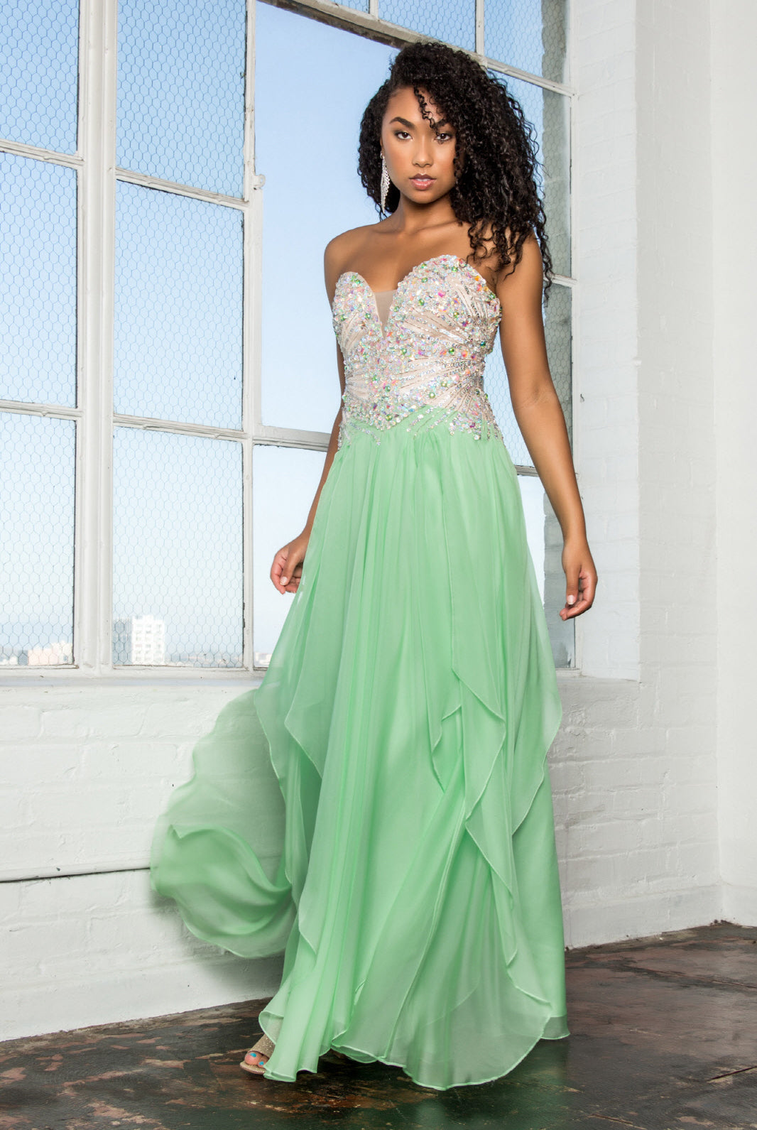 Strapless Sweetheart Chiffon Long Dress with Sequin Embellished Bodice GLGL2092-PROM-smcfashion.com