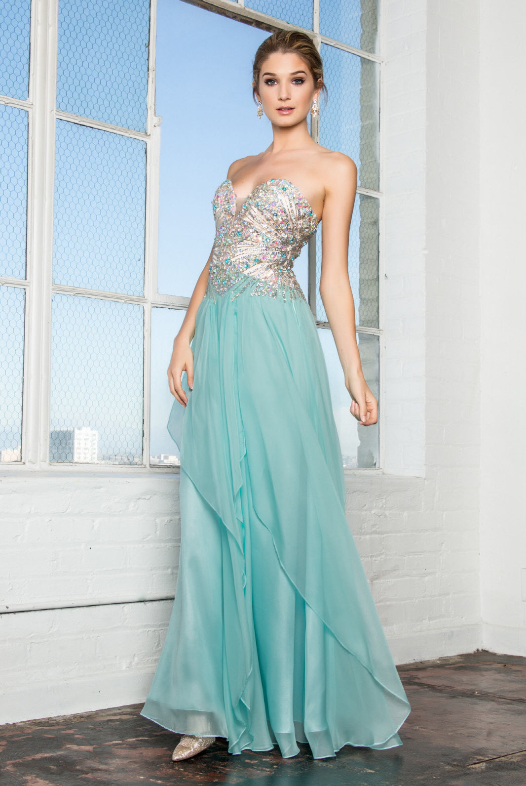 Strapless Sweetheart Chiffon Long Dress with Sequin Embellished Bodice GLGL2092-PROM-smcfashion.com