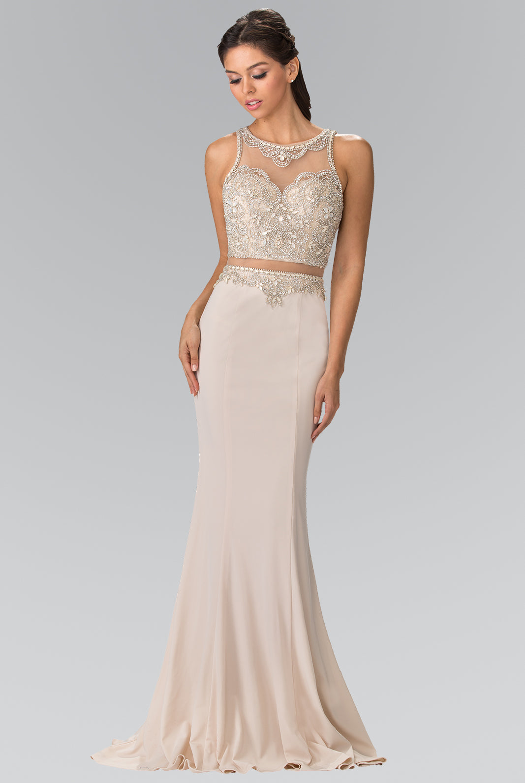 Mock Two-Piece Long Dress with Beaded Top GLGL2342-PROM-smcfashion.com