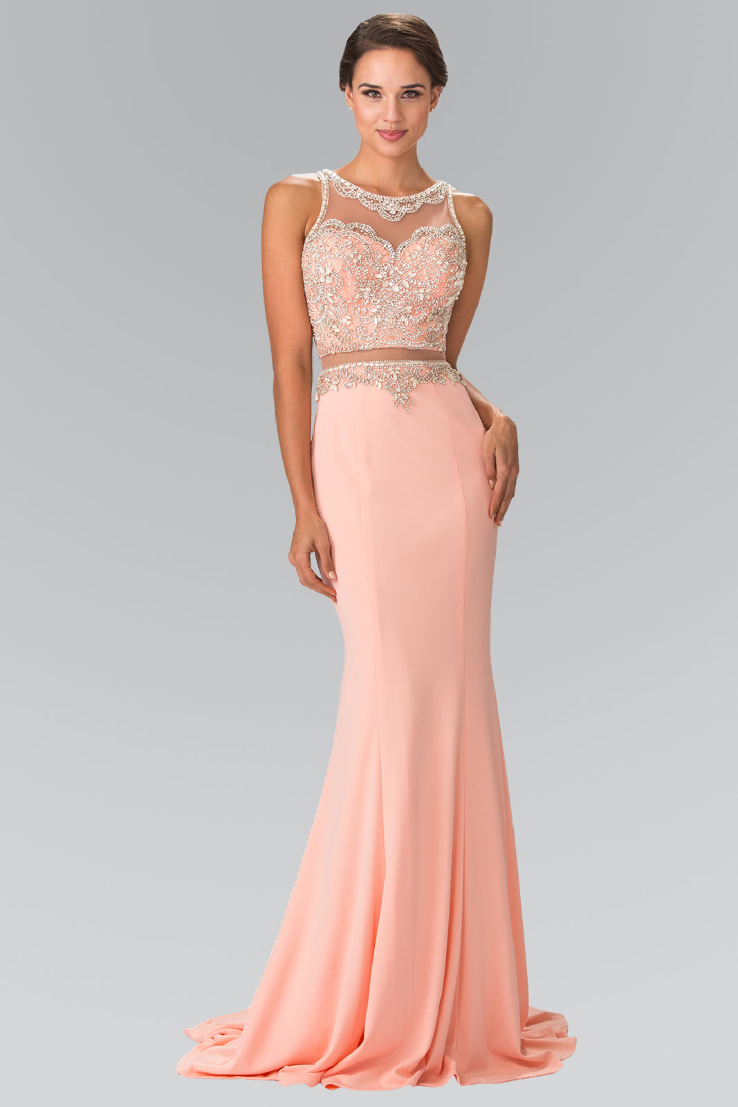 Mock Two-Piece Long Dress with Beaded Top GLGL2342-PROM-smcfashion.com