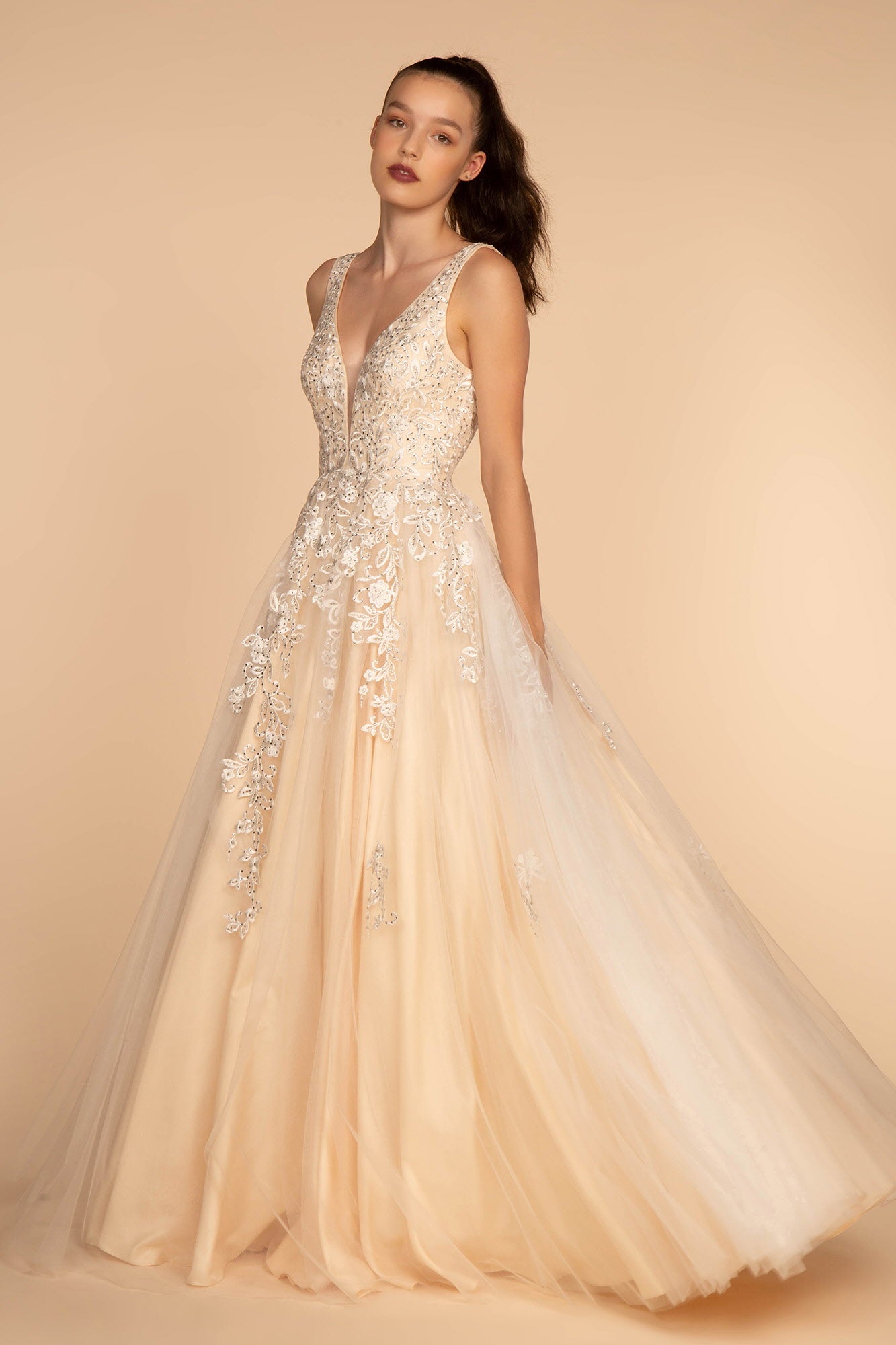 Embroidery and Jewel Embellished Illusion Deep V-Neck Dress GLGL2529-PROM-smcfashion.com