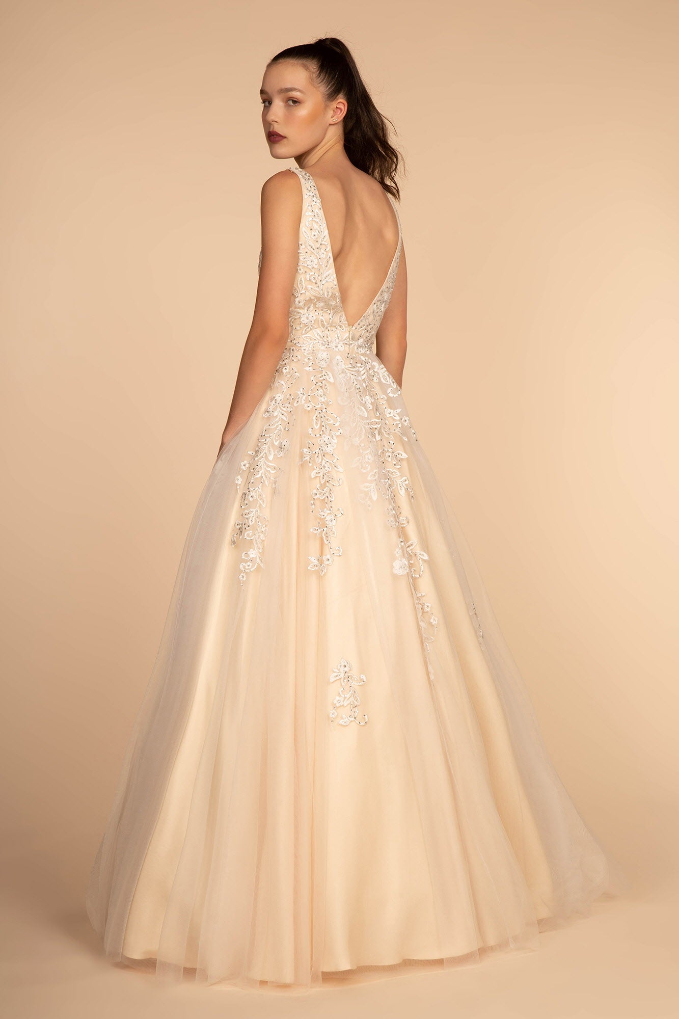 Embroidery and Jewel Embellished Illusion Deep V-Neck Dress GLGL2529-PROM-smcfashion.com