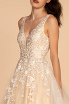 Embroidery and Jewel Embellished Illusion Deep V-Neck Dress GLGL2529-PROM-smcfashion.com