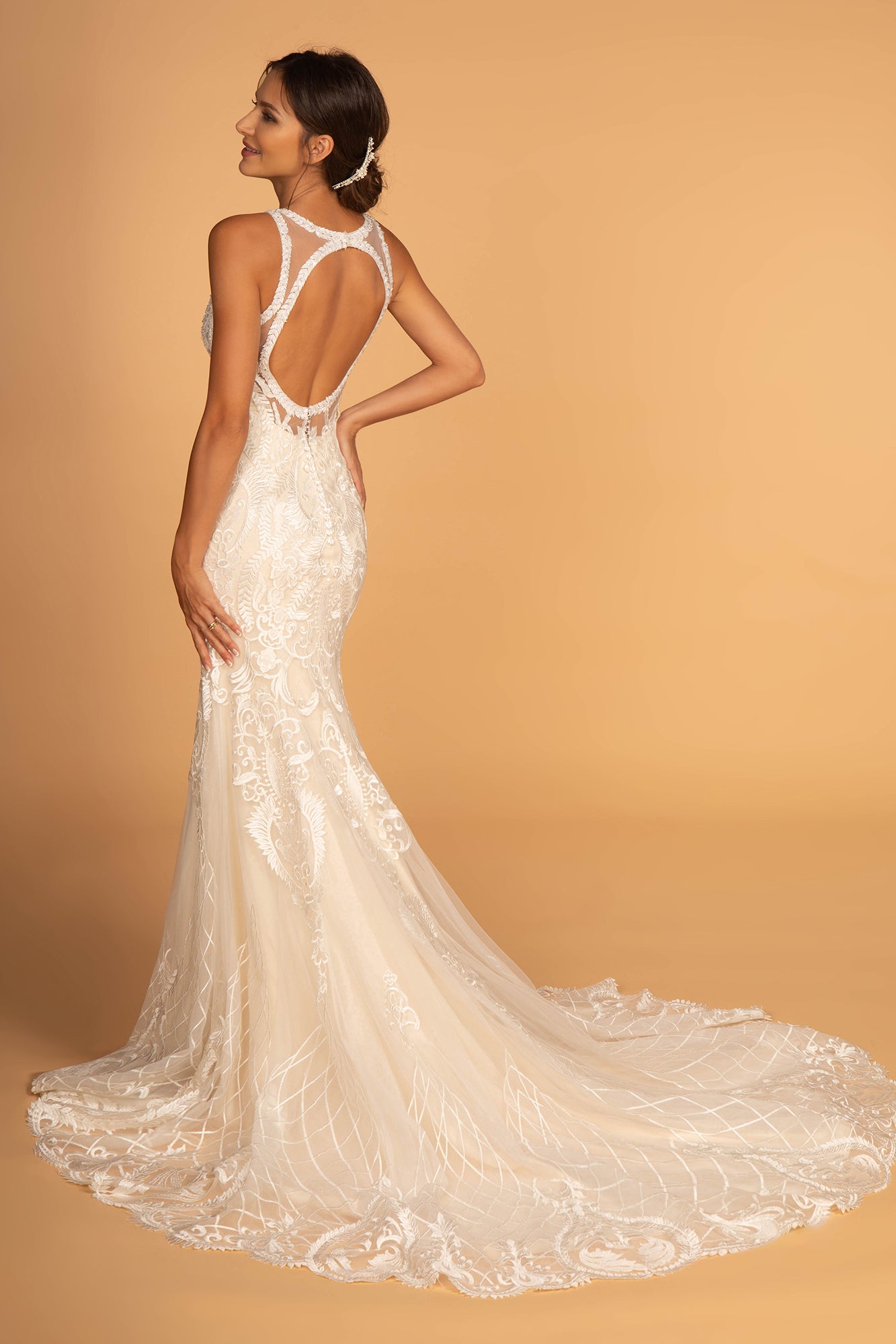 Cut-Out Back Embroidered Mesh Mermaid Wedding Gown GLGL2598-WEDDING GOWNS-smcfashion.com