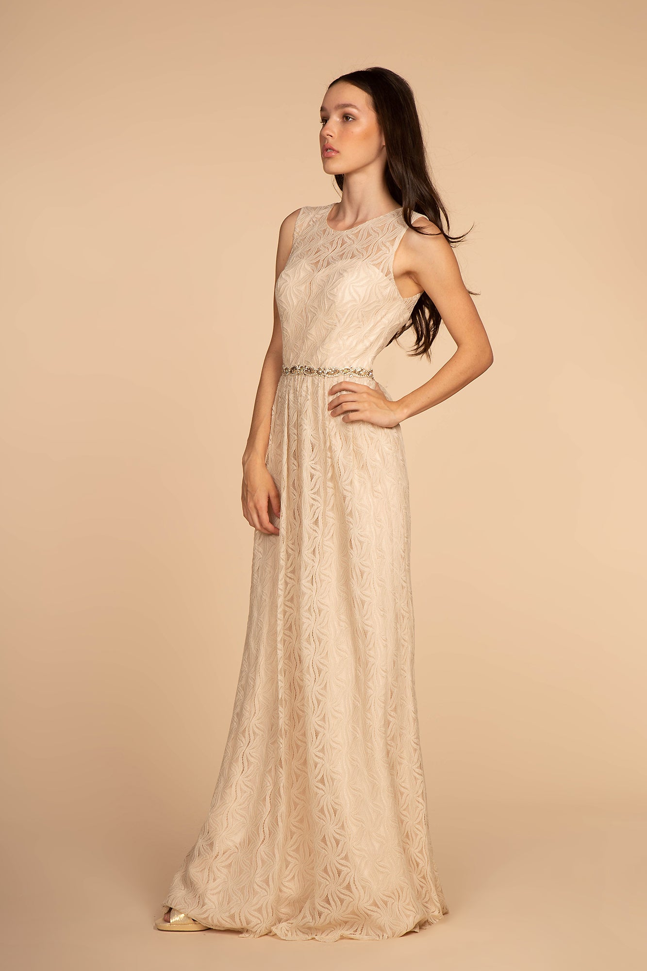 Jewel Embellished Waist Lace Long Dress GLGL2611-MOTHER OF BRIDE-smcfashion.com