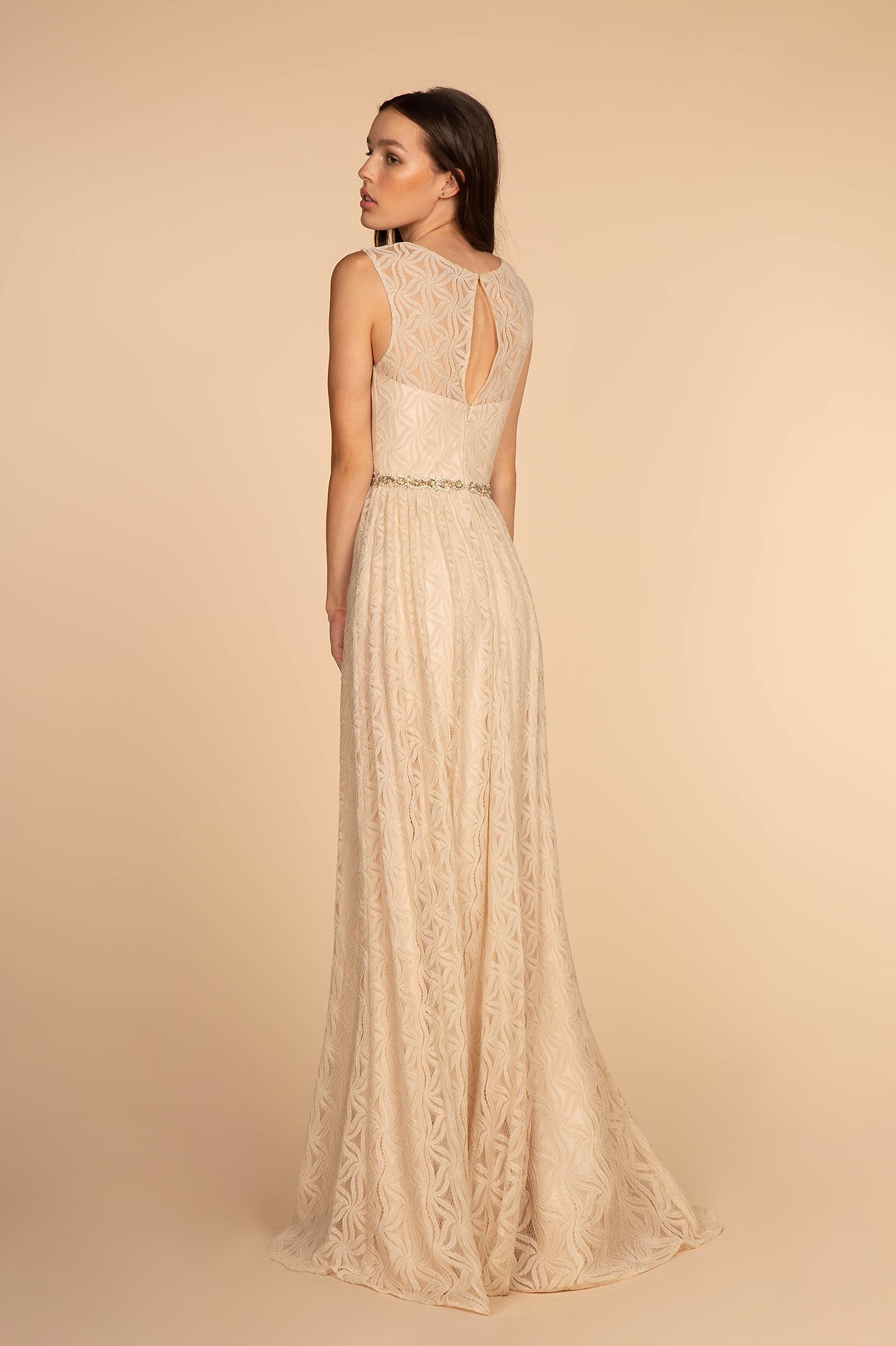 Jewel Embellished Waist Lace Long Dress GLGL2611-MOTHER OF BRIDE-smcfashion.com