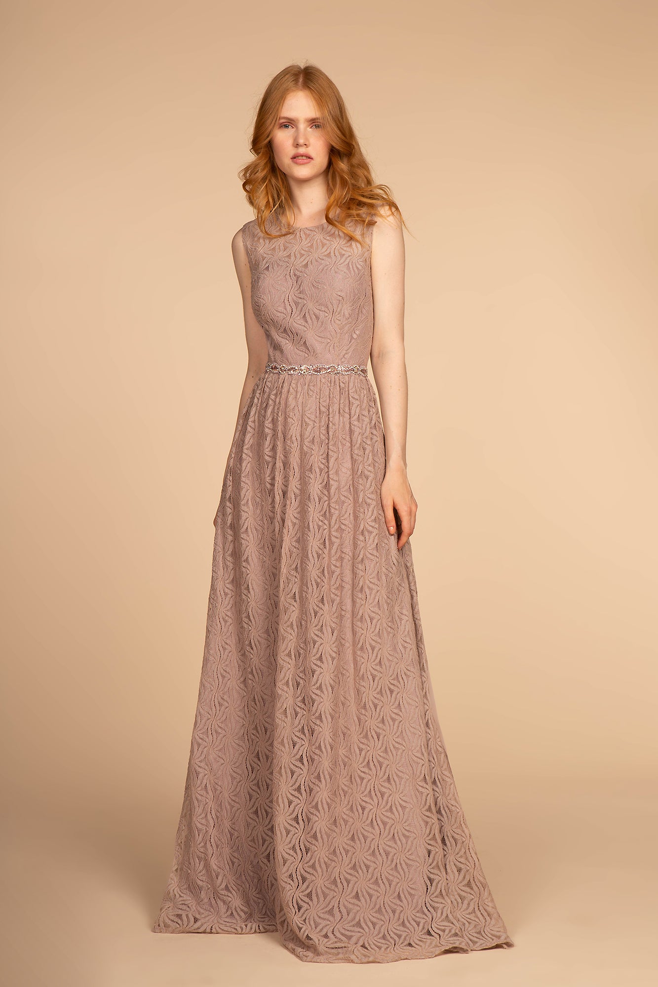 Jewel Embellished Waist Lace Long Dress GLGL2611-MOTHER OF BRIDE-smcfashion.com