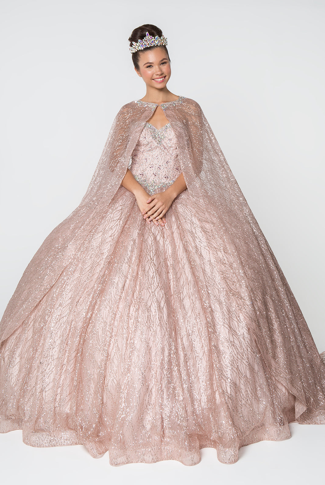Jewel Embellished Bodice Glitter Mesh Ball Gown Glitter Mesh Cape GLGL2801-QUINCEANERA-smcfashion.com