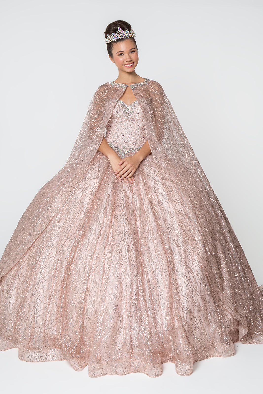 Jewel Embellished Bodice Glitter Mesh Ball Gown Glitter Mesh Cape GLGL2801-QUINCEANERA-smcfashion.com