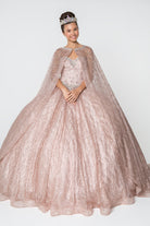 Jewel Embellished Bodice Glitter Mesh Ball Gown Glitter Mesh Cape GLGL2801-QUINCEANERA-smcfashion.com