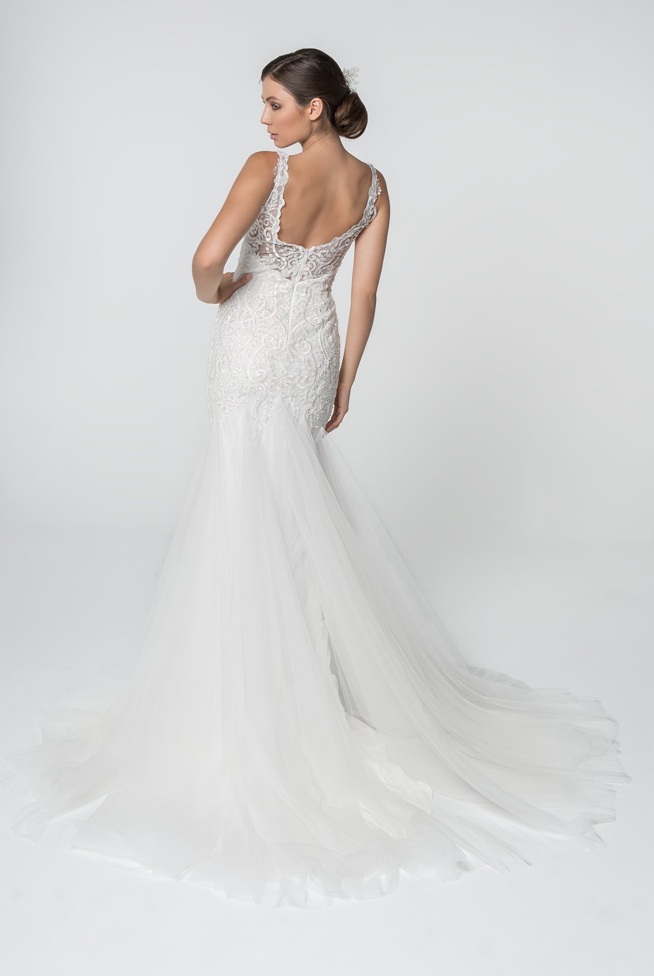 Embroidered Bodice V-Neck Mermaid Wedding Gown Mesh Tail GLGL2815-WEDDING GOWNS-smcfashion.com
