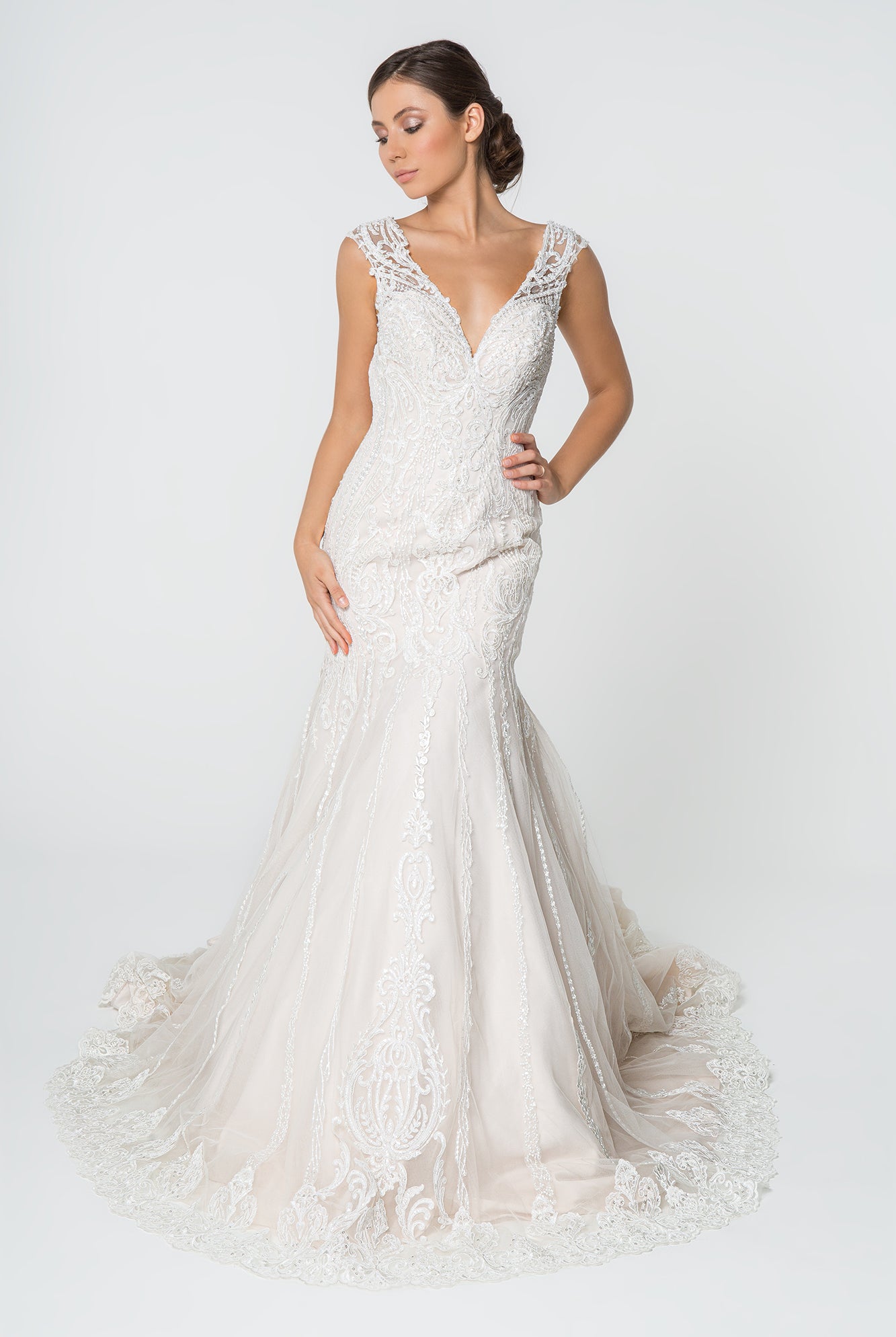 Lace Embellished Deep V-Neck Wedding Gown U-Back GLGL2821-WEDDING GOWNS-smcfashion.com
