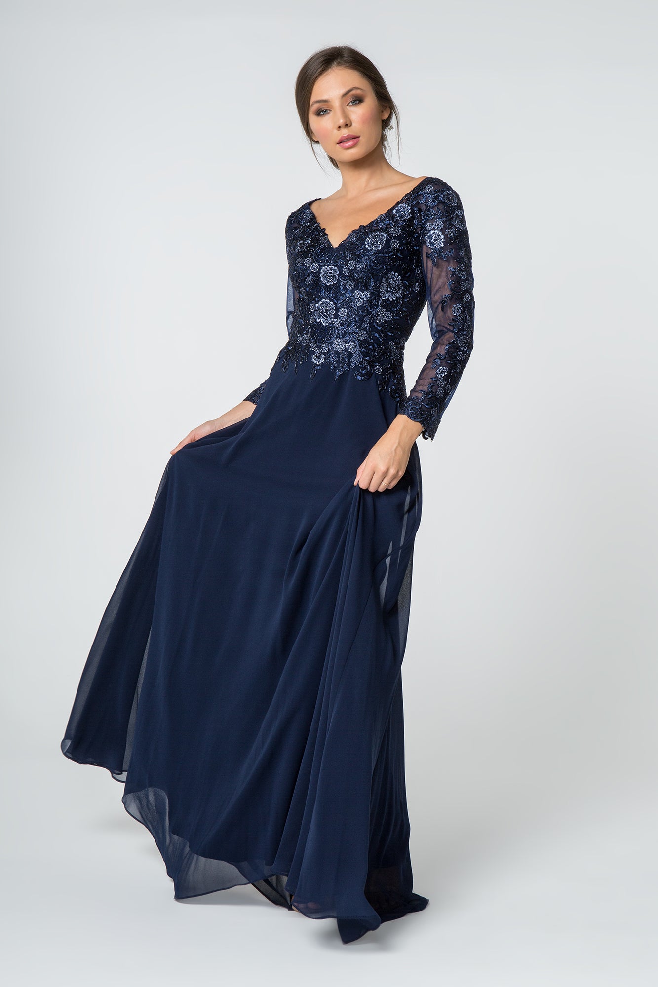 Lace Embellished V-Neck Chiffon Long Dress Mesh Sleeve GLGL2825-MOTHER OF BRIDE-smcfashion.com
