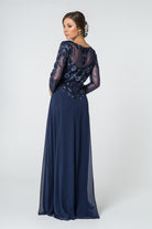 Lace Embellished V-Neck Chiffon Long Dress Mesh Sleeve GLGL2825-MOTHER OF BRIDE-smcfashion.com