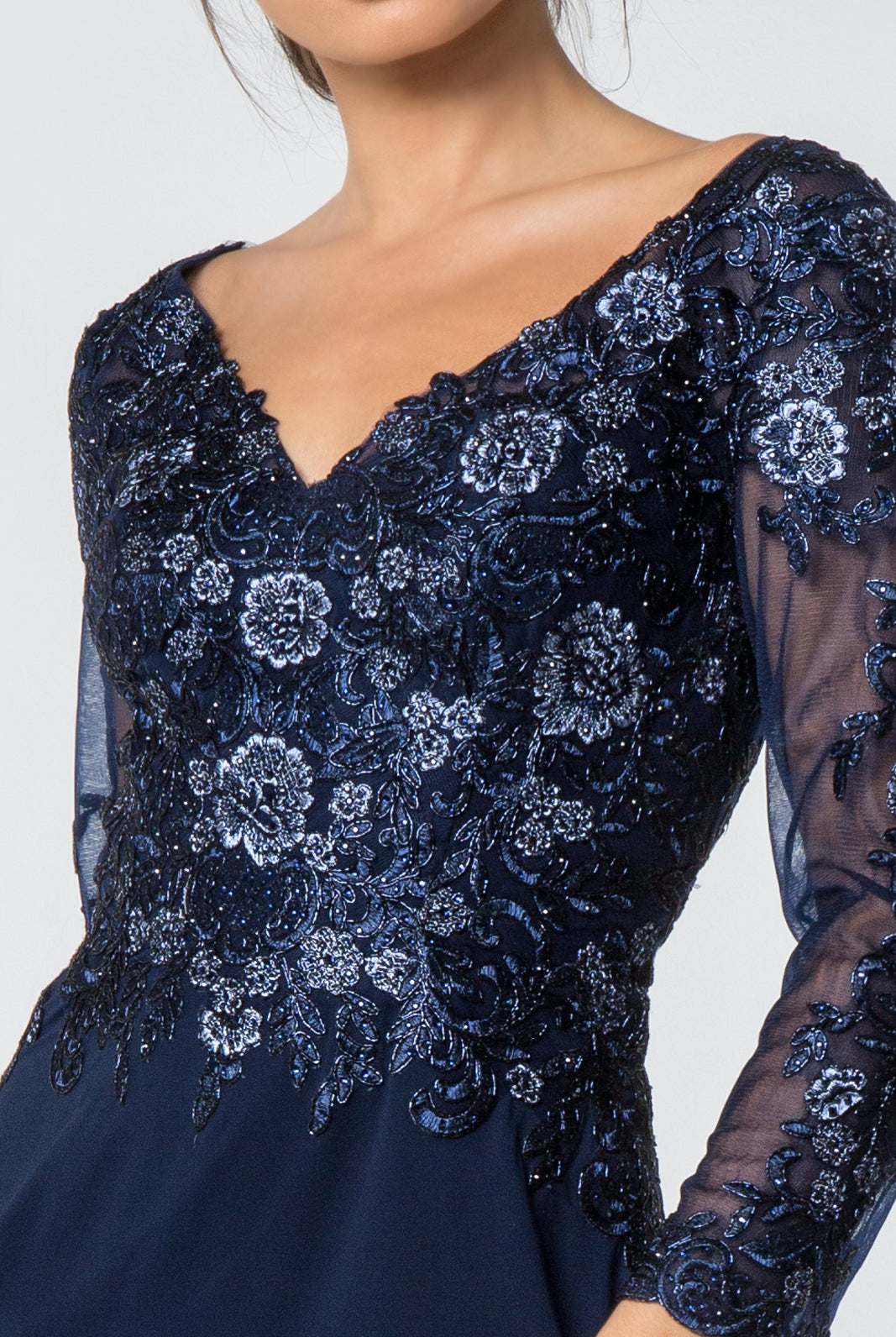 Lace Embellished V-Neck Chiffon Long Dress Mesh Sleeve GLGL2825-MOTHER OF BRIDE-smcfashion.com