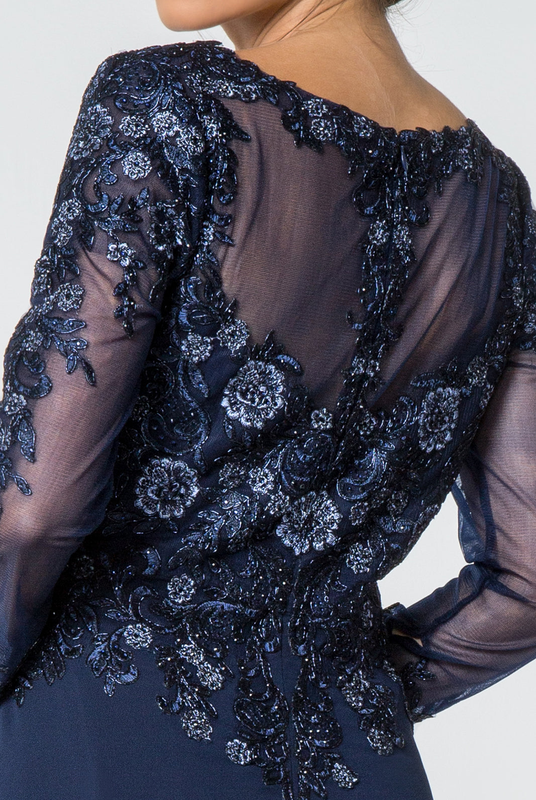 Lace Embellished V-Neck Chiffon Long Dress Mesh Sleeve GLGL2825-MOTHER OF BRIDE-smcfashion.com