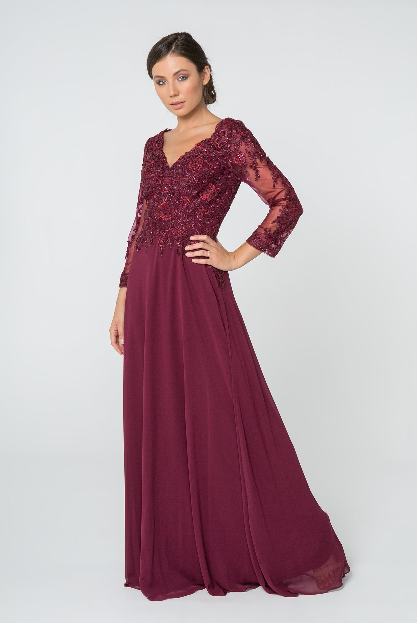 Lace Embellished V-Neck Chiffon Long Dress Mesh Sleeve GLGL2825-MOTHER OF BRIDE-smcfashion.com
